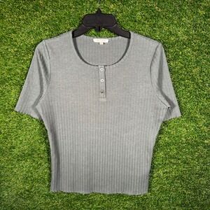 Tea n Rose Womens Medium Grey Ribbed Short Sleeve Henley Top Lettuce Hem